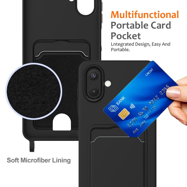For Samsung Galaxy A07 / M17e / F07e Integrated Card Bag Solid Color Liquid Silicone Phone Case with Lanyard