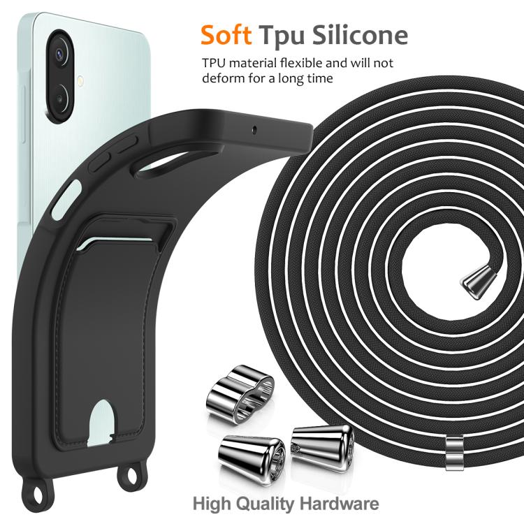 For Samsung Galaxy A07 / M17e / F07e Integrated Card Bag Solid Color Liquid Silicone Phone Case with Lanyard