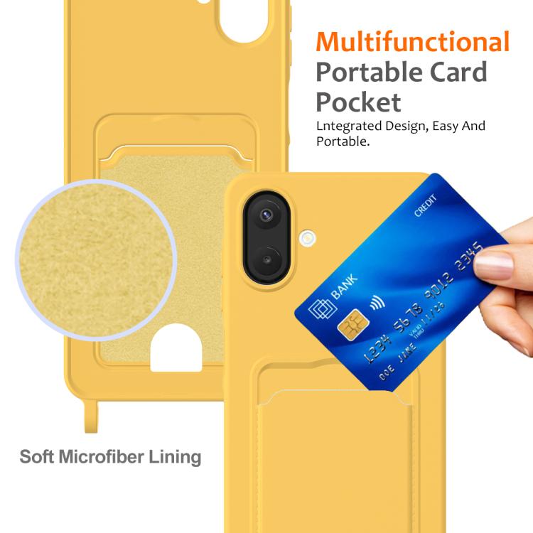 For Samsung Galaxy A07 / M17e / F07e Integrated Card Bag Solid Color Liquid Silicone Phone Case with Lanyard