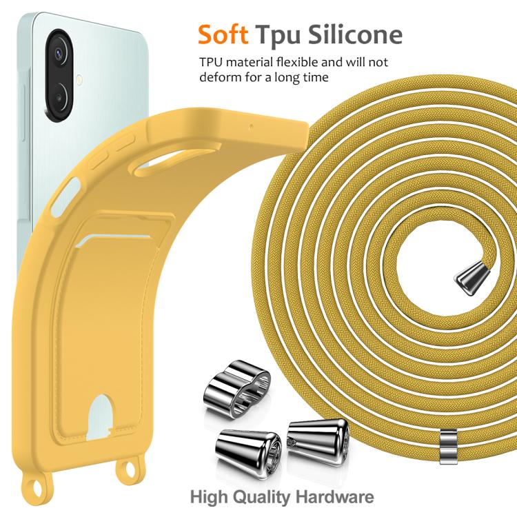For Samsung Galaxy A07 / M17e / F07e Integrated Card Bag Solid Color Liquid Silicone Phone Case with Lanyard