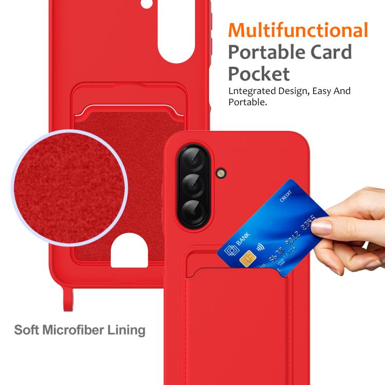 For Samsung Galaxy A57 5G Integrated Card Bag Solid Color Liquid Silicone Phone Case with Lanyard