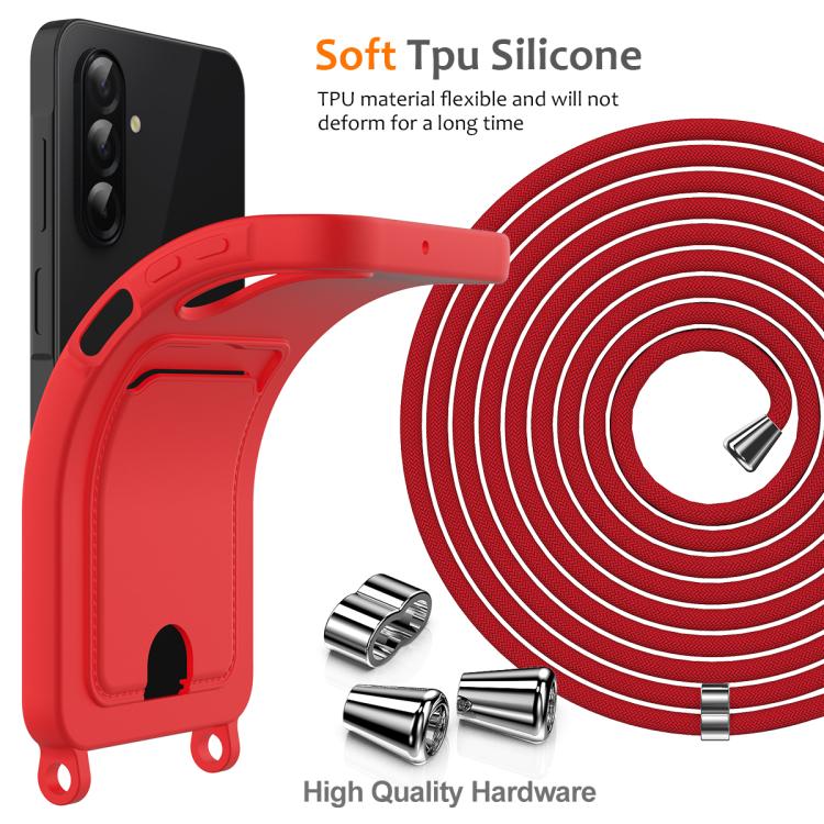 For Samsung Galaxy A57 5G Integrated Card Bag Solid Color Liquid Silicone Phone Case with Lanyard