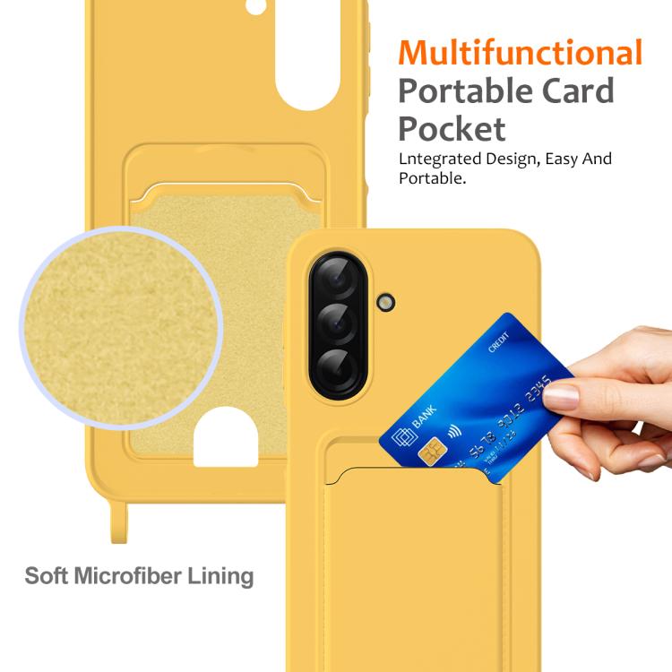 For Samsung Galaxy A57 5G Integrated Card Bag Solid Color Liquid Silicone Phone Case with Lanyard