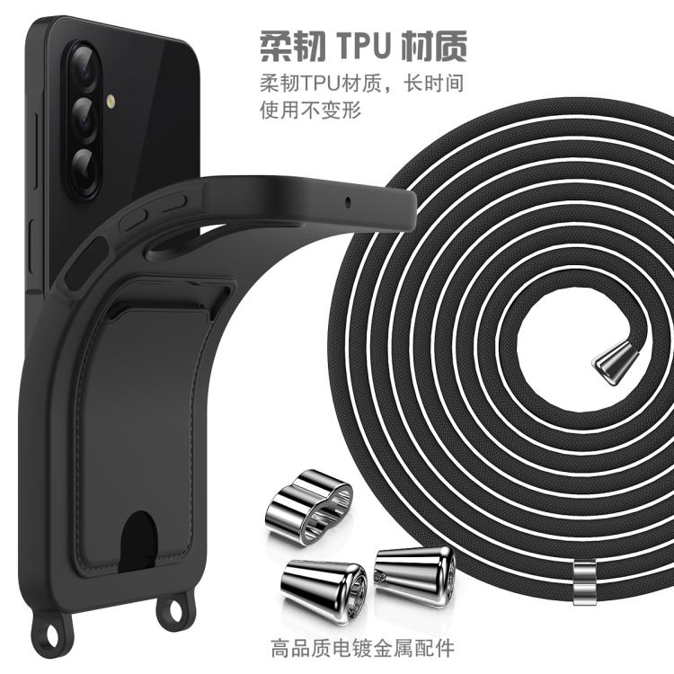 For Samsung Galaxy A37 5G Integrated Card Bag Solid Color Liquid Silicone Phone Case with Lanyard