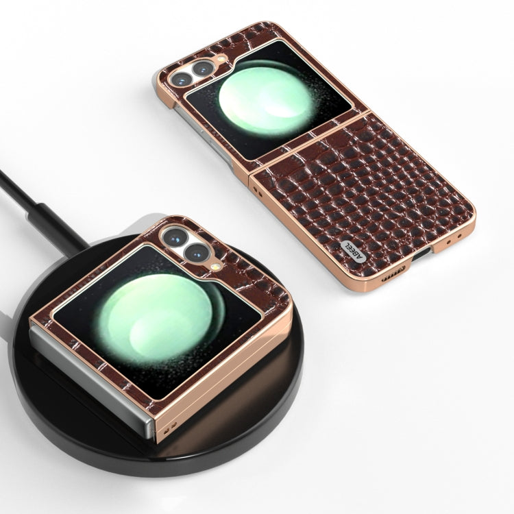 For Samsung Galaxy Z Flip6 / Flip7 FE ABEEL Electroplated Frame Genuine Leather Crocodile Pattern Phone Case