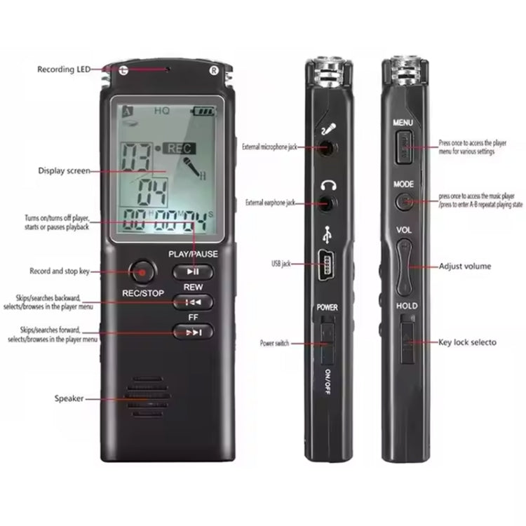 T60 Smart HD Noise Cancelling Voice Recorder MP3 Player, Memory:8GB - Black