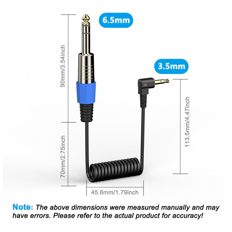 6.5mm to 3.5mm Elbow Guitar Loudspeaker Coiled 6.35mm Audio Cable, Length: 0.5m - Black