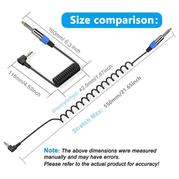 6.5mm to 3.5mm Elbow Guitar Loudspeaker Coiled 6.35mm Audio Cable, Length: 0.5m - Black