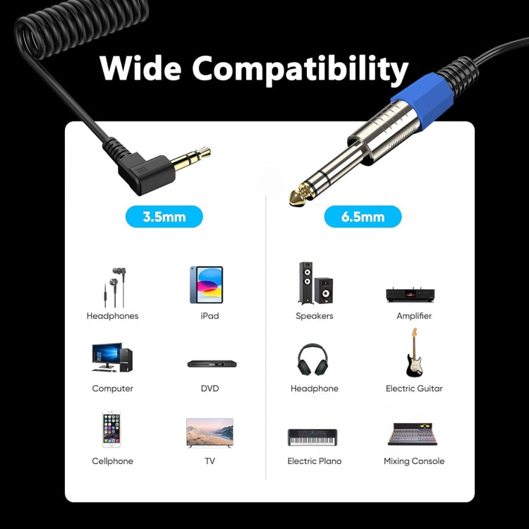 6.5mm to 3.5mm Elbow Guitar Loudspeaker Coiled 6.35mm Audio Cable, Length: 0.5m - Black
