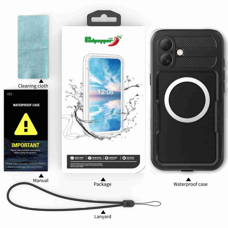 For iPhone 16 Plus RedPepper IP68 Waterproof Triple-proof MagSafe Phone Case - Black