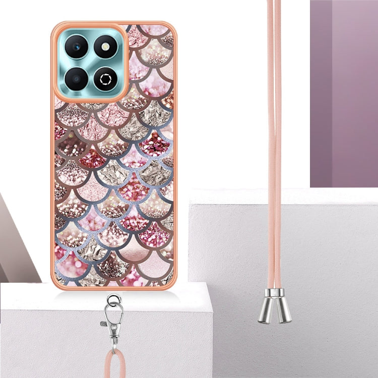 For Honor X6b Electroplating Pattern IMD TPU Shockproof Case with Neck Lanyard