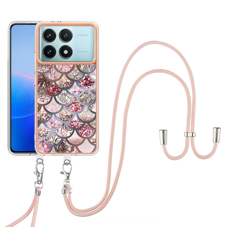 For Xiaomi Poco F6 Pro 5G Electroplating Pattern IMD TPU Shockproof Case with Neck Lanyard