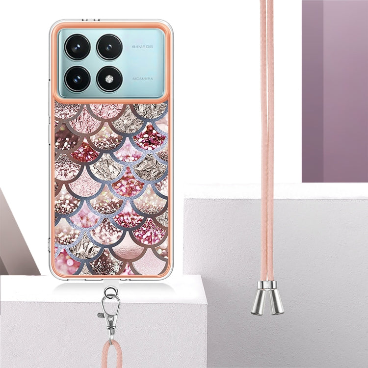 For Xiaomi Poco F6 Pro 5G Electroplating Pattern IMD TPU Shockproof Case with Neck Lanyard