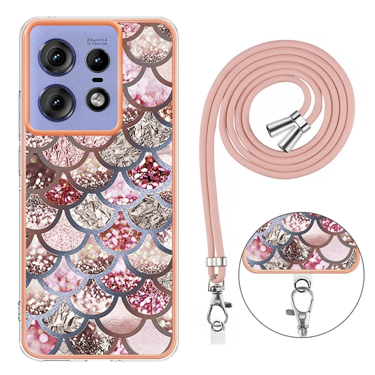 For Motorola Edge 50 Pro Electroplating Pattern IMD TPU Shockproof Case with Neck Lanyard