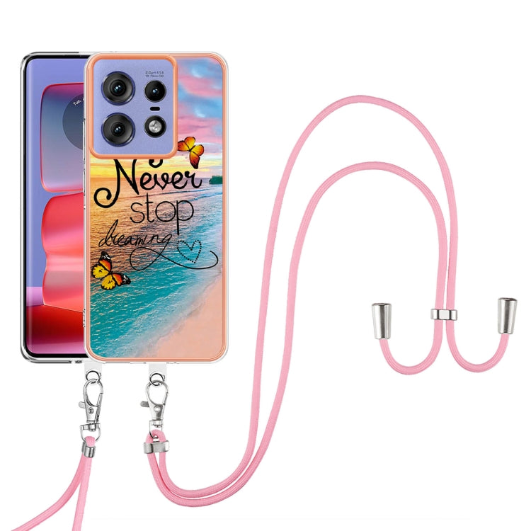 For Motorola Edge 50 Pro Electroplating Pattern IMD TPU Shockproof Case with Neck Lanyard