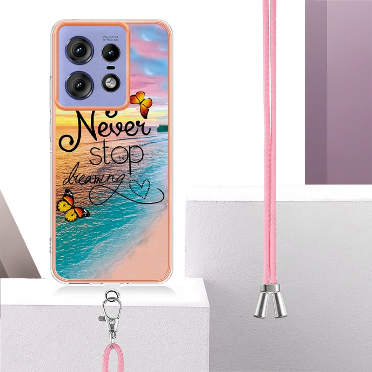 For Motorola Edge 50 Pro Electroplating Pattern IMD TPU Shockproof Case with Neck Lanyard