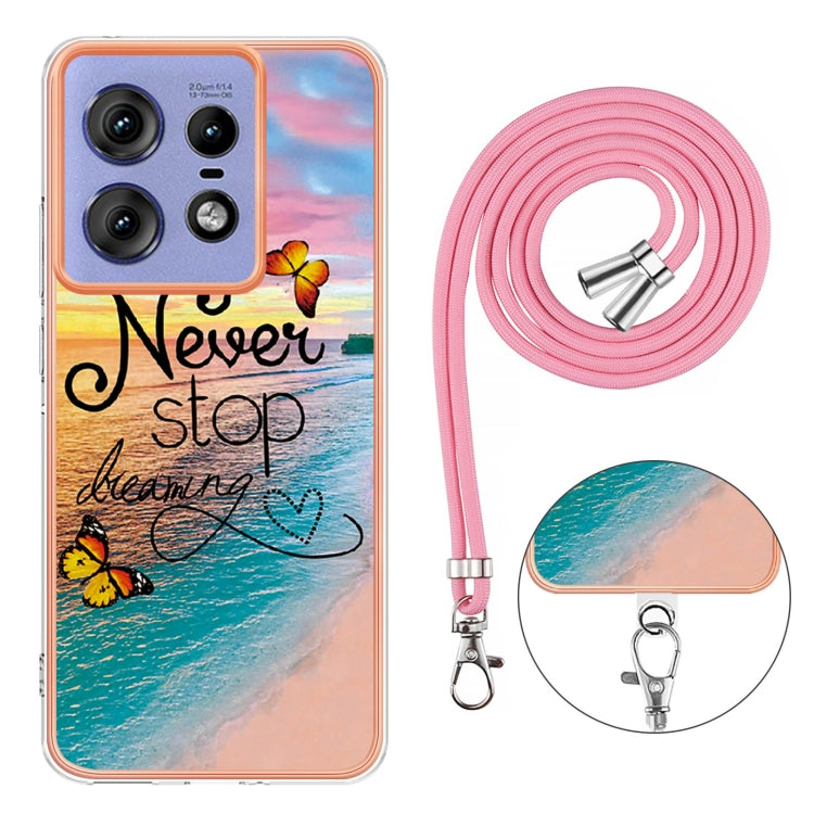 For Motorola Edge 50 Pro Electroplating Pattern IMD TPU Shockproof Case with Neck Lanyard