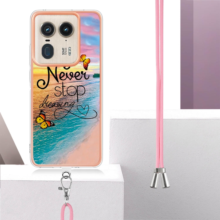 For Motorola Edge 50 Ultra Electroplating Pattern IMD TPU Shockproof Case with Neck Lanyard