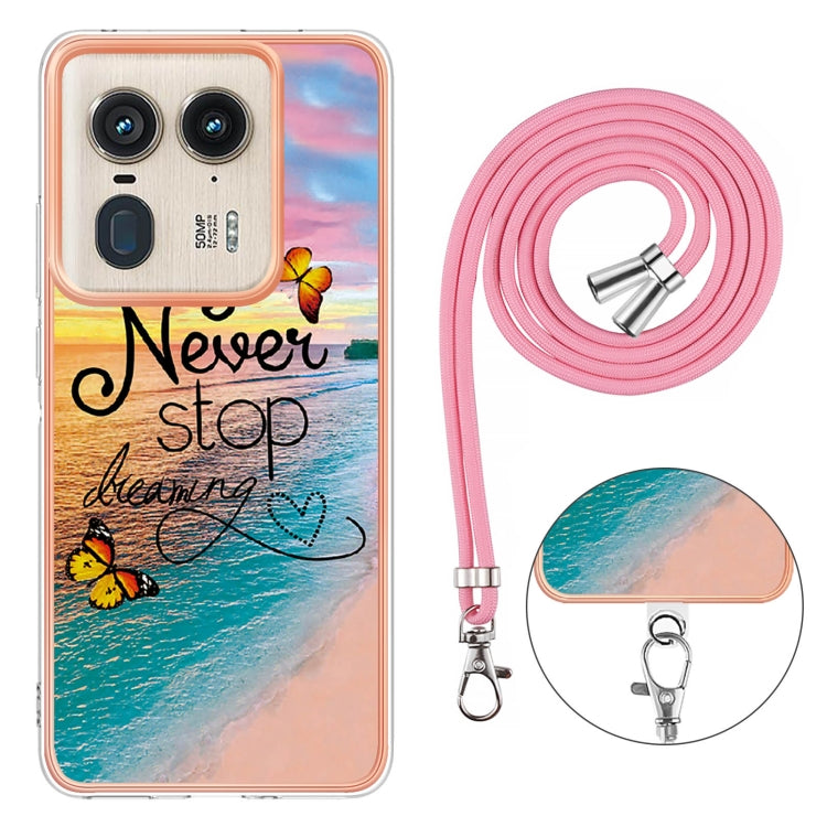 For Motorola Edge 50 Ultra Electroplating Pattern IMD TPU Shockproof Case with Neck Lanyard