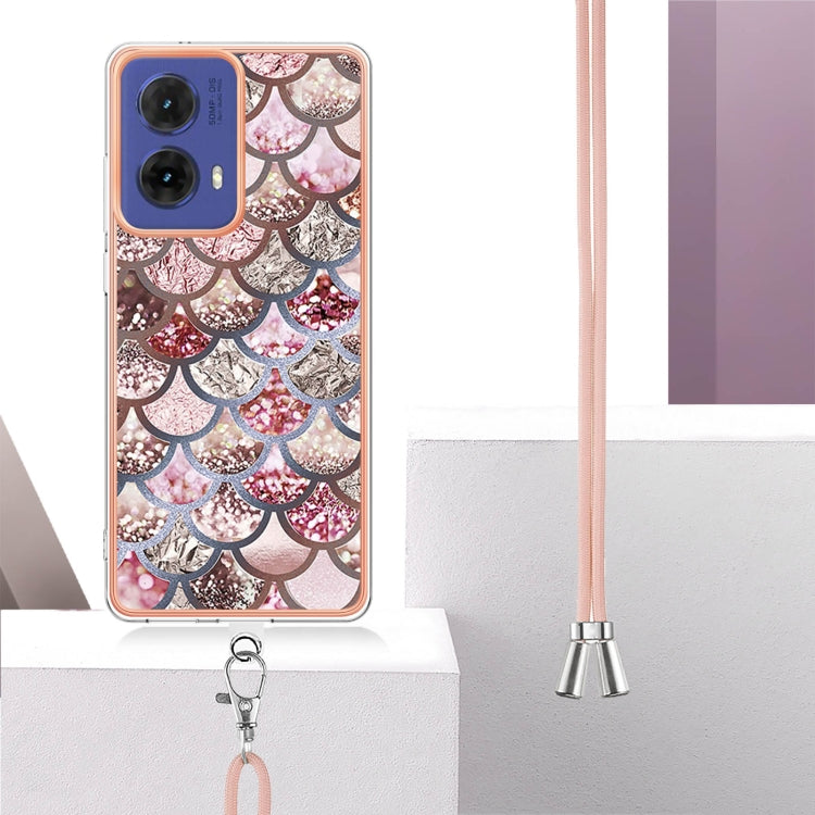 For Motorola Moto G85 Electroplating Pattern IMD TPU Shockproof Case with Neck Lanyard