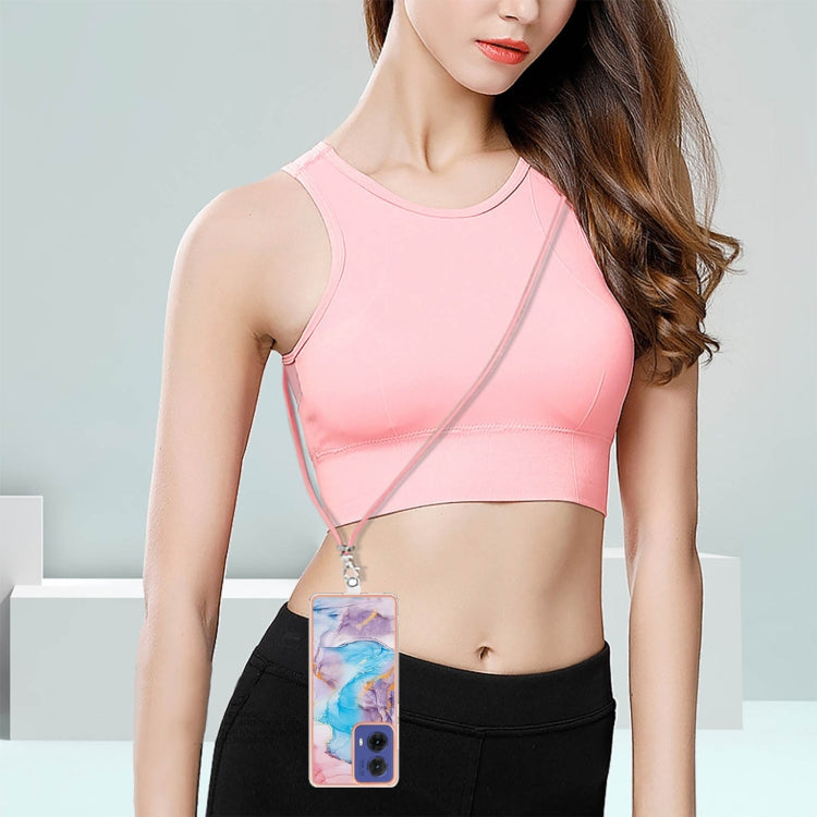 For Motorola Moto G85 Electroplating Pattern IMD TPU Shockproof Case with Neck Lanyard