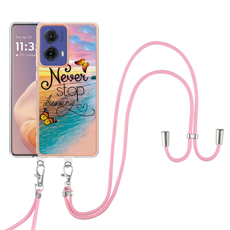 For Motorola Moto G85 Electroplating Pattern IMD TPU Shockproof Case with Neck Lanyard