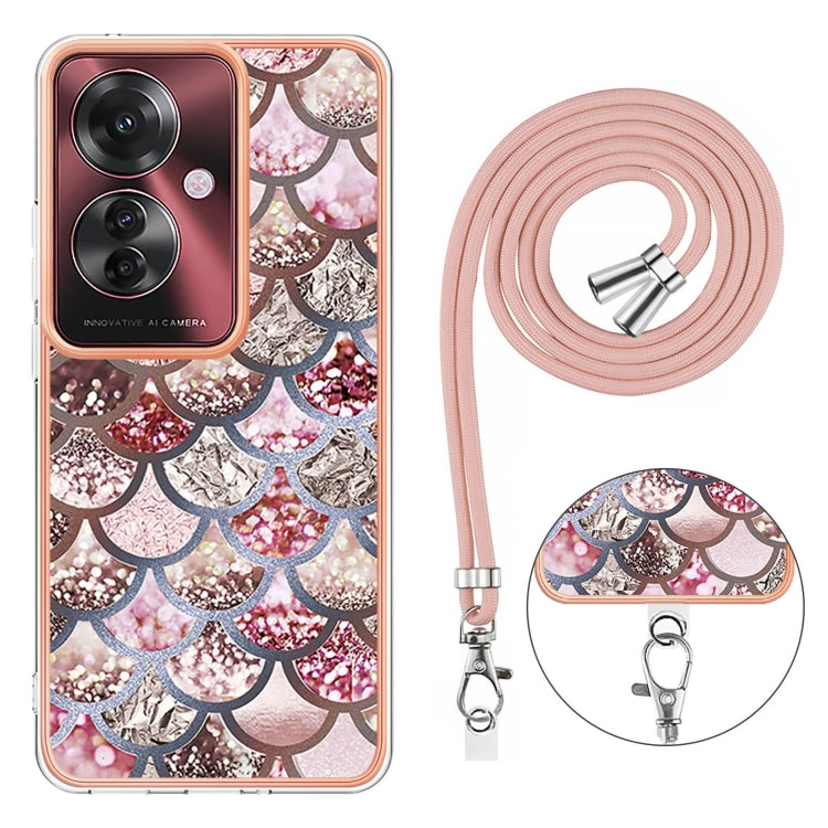For OPPO Reno11 F 5G Global Electroplating Pattern IMD TPU Shockproof Case with Neck Lanyard