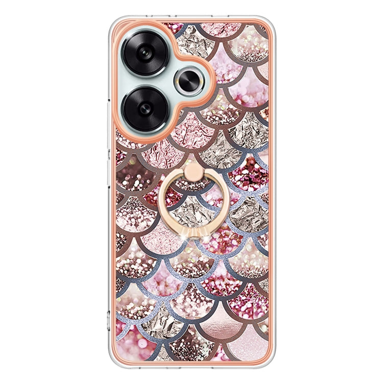 For Xiaomi Poco F6 5G Electroplating Pattern IMD TPU Shockproof Case with Rhinestone Ring Holder