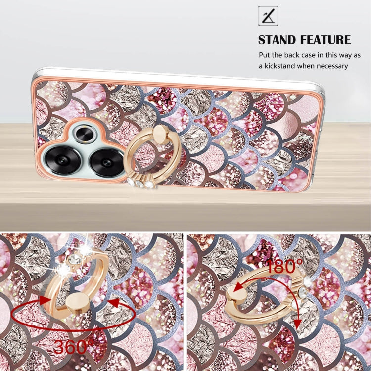 For Xiaomi Poco F6 5G Electroplating Pattern IMD TPU Shockproof Case with Rhinestone Ring Holder