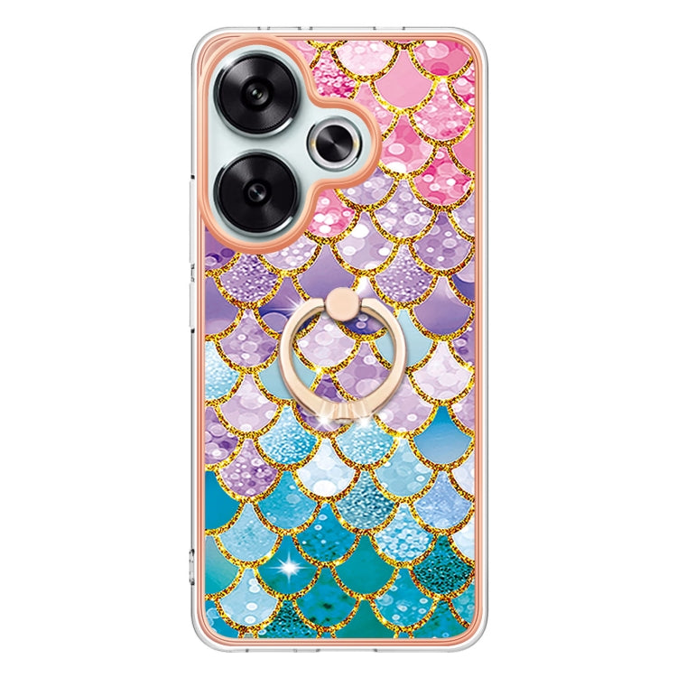 For Xiaomi Poco F6 5G Electroplating Pattern IMD TPU Shockproof Case with Rhinestone Ring Holder