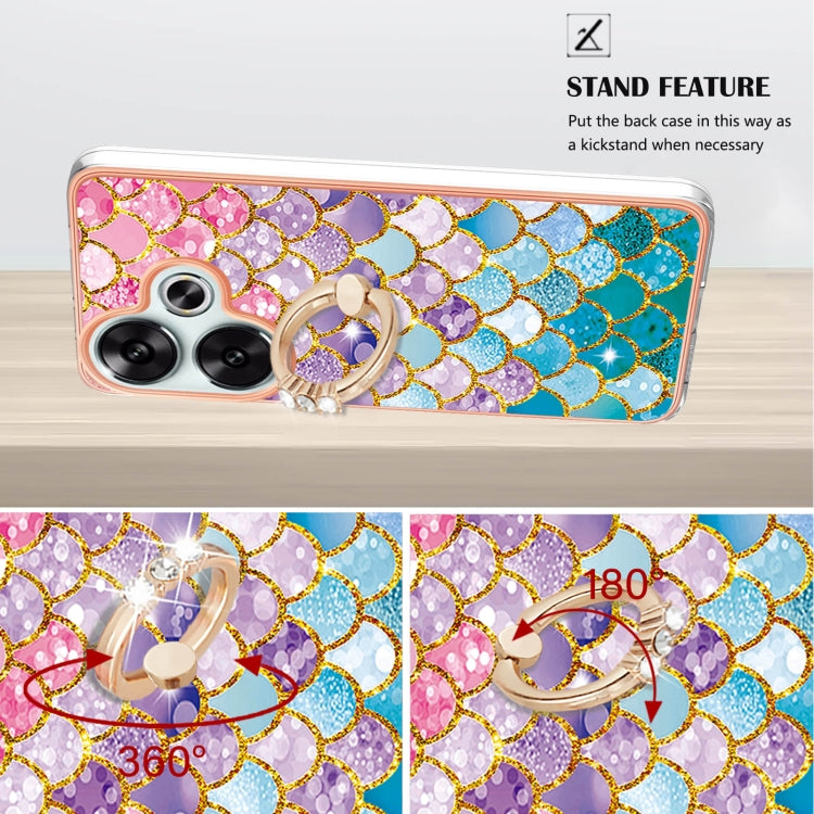 For Xiaomi Poco F6 5G Electroplating Pattern IMD TPU Shockproof Case with Rhinestone Ring Holder