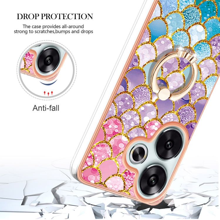 For Xiaomi Poco F6 5G Electroplating Pattern IMD TPU Shockproof Case with Rhinestone Ring Holder