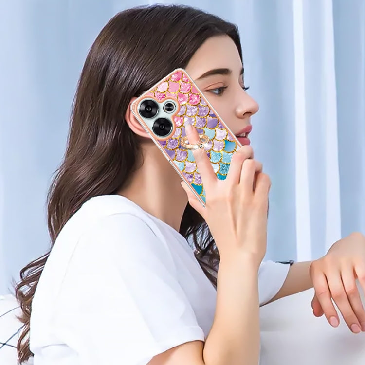 For Xiaomi Poco F6 5G Electroplating Pattern IMD TPU Shockproof Case with Rhinestone Ring Holder
