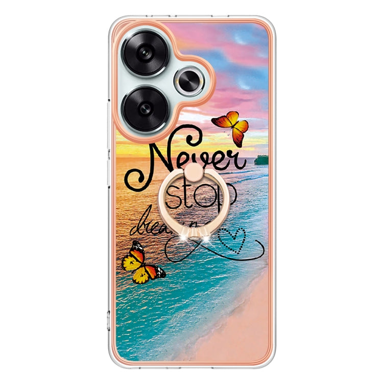 For Xiaomi Poco F6 5G Electroplating Pattern IMD TPU Shockproof Case with Rhinestone Ring Holder