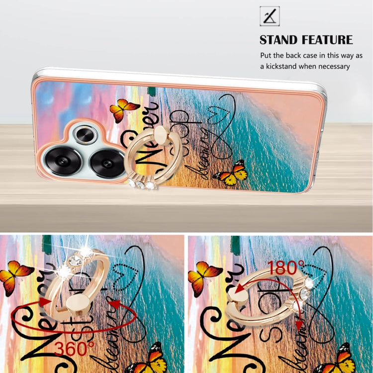 For Xiaomi Poco F6 5G Electroplating Pattern IMD TPU Shockproof Case with Rhinestone Ring Holder