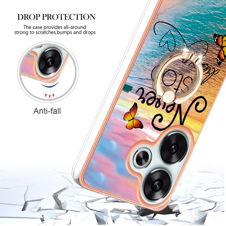 For Xiaomi Poco F6 5G Electroplating Pattern IMD TPU Shockproof Case with Rhinestone Ring Holder