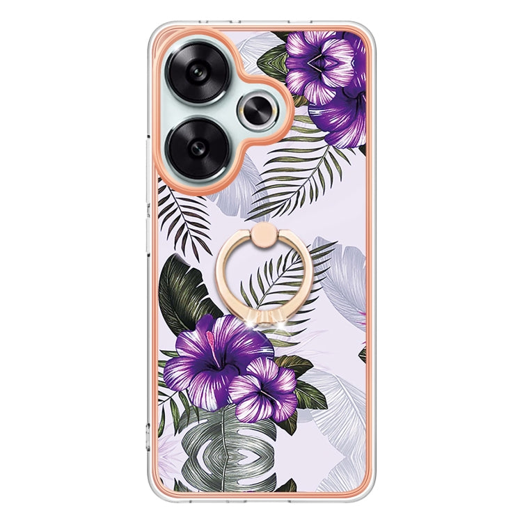 For Xiaomi Poco F6 5G Electroplating Pattern IMD TPU Shockproof Case with Rhinestone Ring Holder