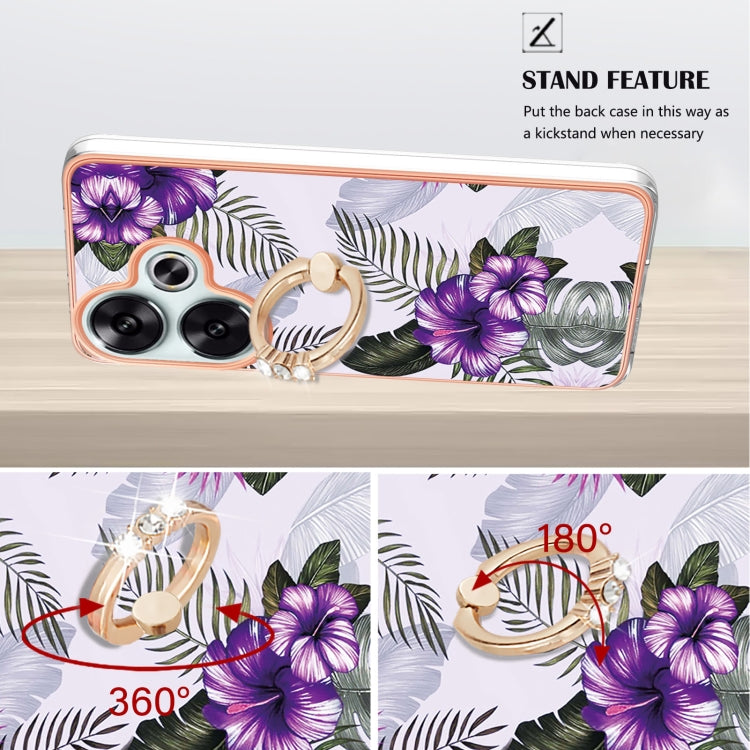 For Xiaomi Poco F6 5G Electroplating Pattern IMD TPU Shockproof Case with Rhinestone Ring Holder