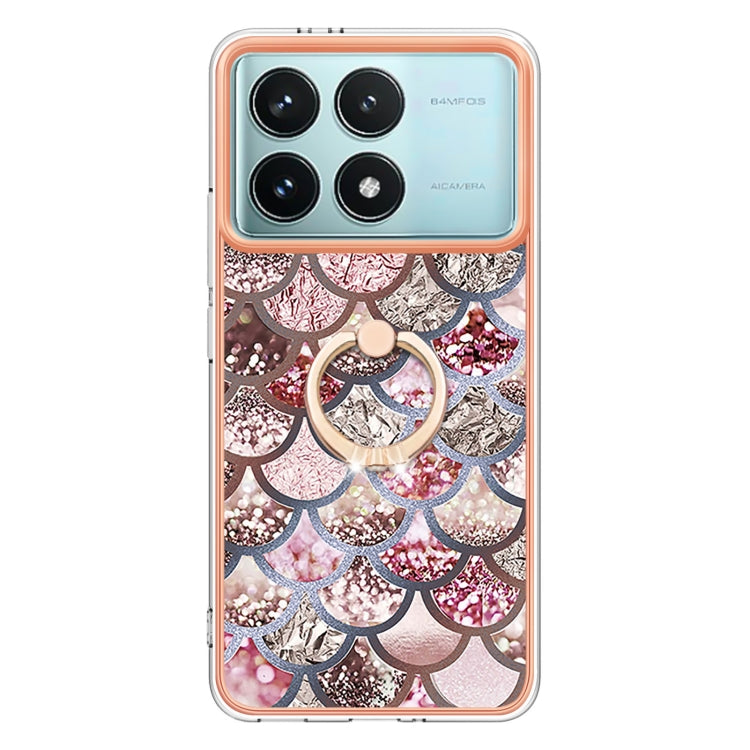 For Xiaomi Poco F6 Pro 5G Electroplating Pattern IMD TPU Shockproof Case with Rhinestone Ring Holder