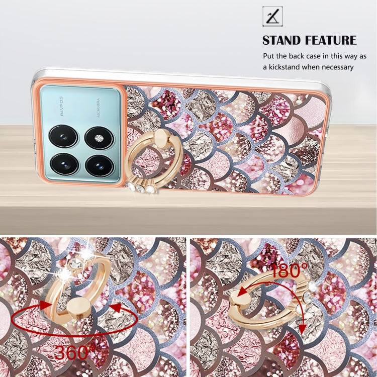 For Xiaomi Poco F6 Pro 5G Electroplating Pattern IMD TPU Shockproof Case with Rhinestone Ring Holder