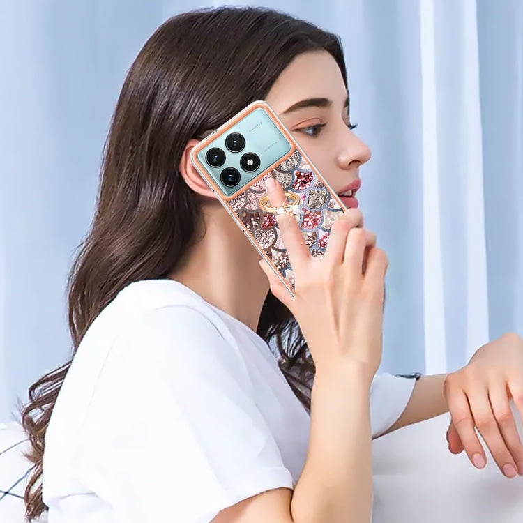 For Xiaomi Poco F6 Pro 5G Electroplating Pattern IMD TPU Shockproof Case with Rhinestone Ring Holder