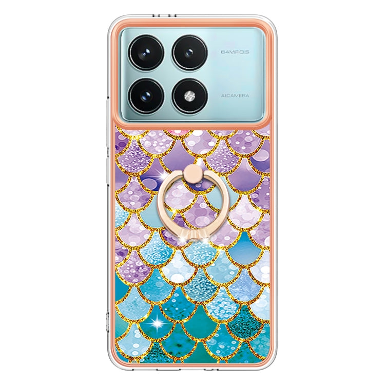 For Xiaomi Poco F6 Pro 5G Electroplating Pattern IMD TPU Shockproof Case with Rhinestone Ring Holder