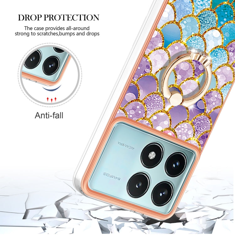 For Xiaomi Poco F6 Pro 5G Electroplating Pattern IMD TPU Shockproof Case with Rhinestone Ring Holder