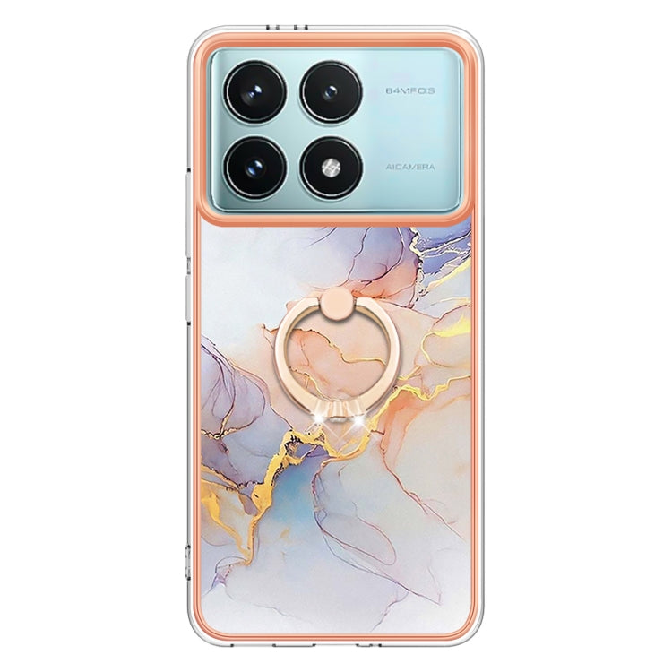 For Xiaomi Poco F6 Pro 5G Electroplating Pattern IMD TPU Shockproof Case with Rhinestone Ring Holder