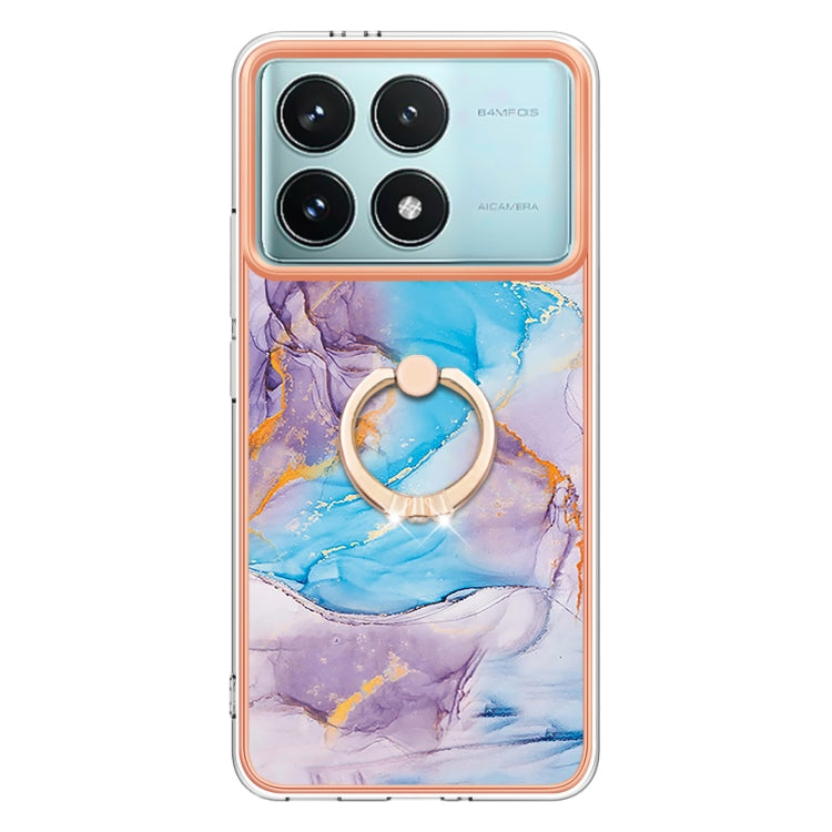 For Xiaomi Poco F6 Pro 5G Electroplating Pattern IMD TPU Shockproof Case with Rhinestone Ring Holder