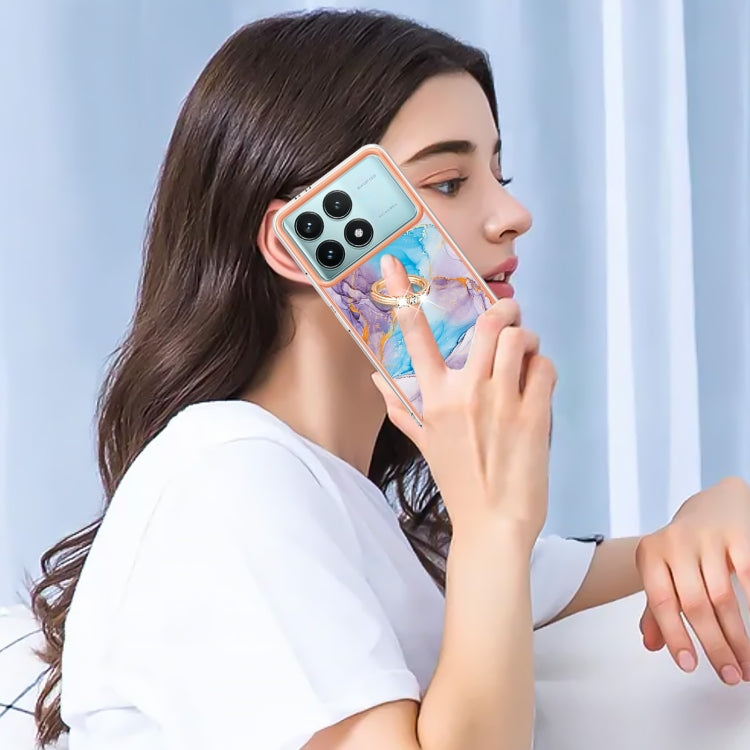 For Xiaomi Poco F6 Pro 5G Electroplating Pattern IMD TPU Shockproof Case with Rhinestone Ring Holder