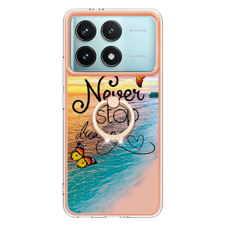 For Xiaomi Poco F6 Pro 5G Electroplating Pattern IMD TPU Shockproof Case with Rhinestone Ring Holder