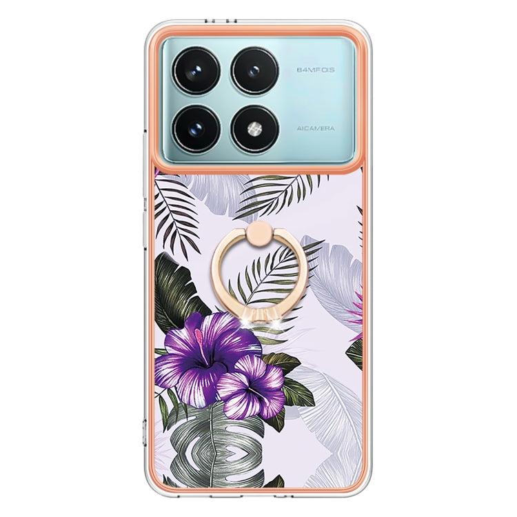 For Xiaomi Poco F6 Pro 5G Electroplating Pattern IMD TPU Shockproof Case with Rhinestone Ring Holder