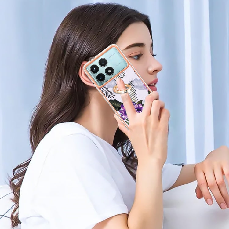 For Xiaomi Poco F6 Pro 5G Electroplating Pattern IMD TPU Shockproof Case with Rhinestone Ring Holder