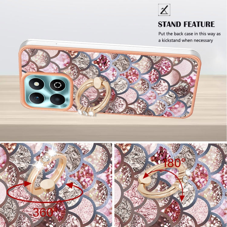For Honor X6b Electroplating Pattern IMD TPU Shockproof Case with Rhinestone Ring Holder